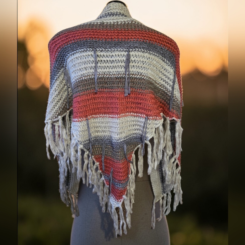 🆕️ Bohemian Metallic "Copper Canyon" Triangle Crochet Shawl With Tasseled Edges